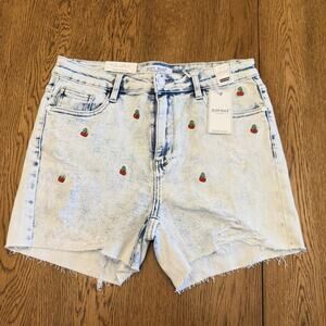 Judy Blue High Waist Light Blue Denim Cut Off Embroidered Shorts Stretch Size L